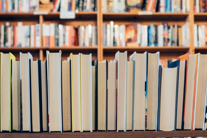 Row of backwards books in a bookstore