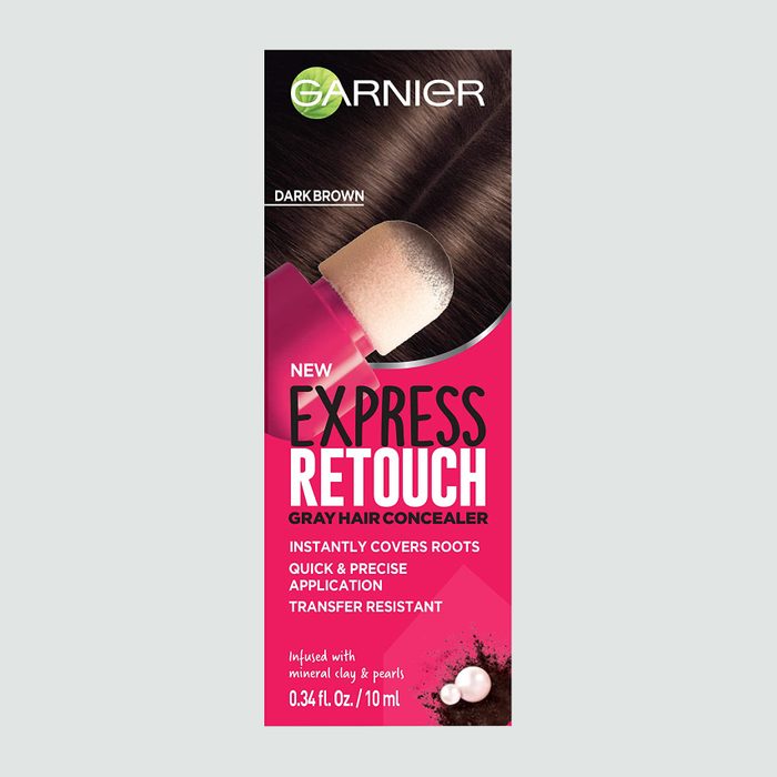 Hair dye applicator covers gray roots, featuring a sponge tip. The package is pink with text: 