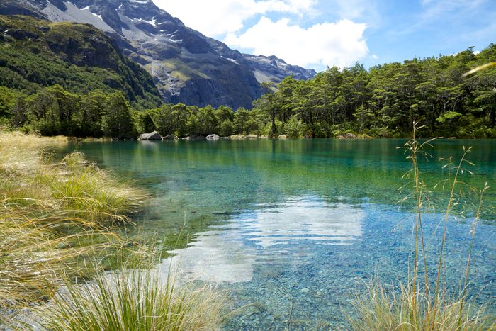 Clear turquoise lake reflecting sky, surrounded by lush forest and distant mountains under a blue sky with scattered clouds. Grassy shore in foreground.