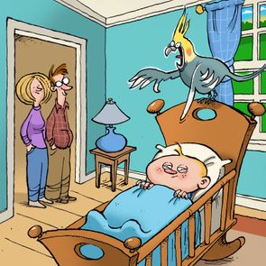 Bird squawks on crib. Child looks unimpressed while parents observe smiling from doorway in a colorful bedroom.