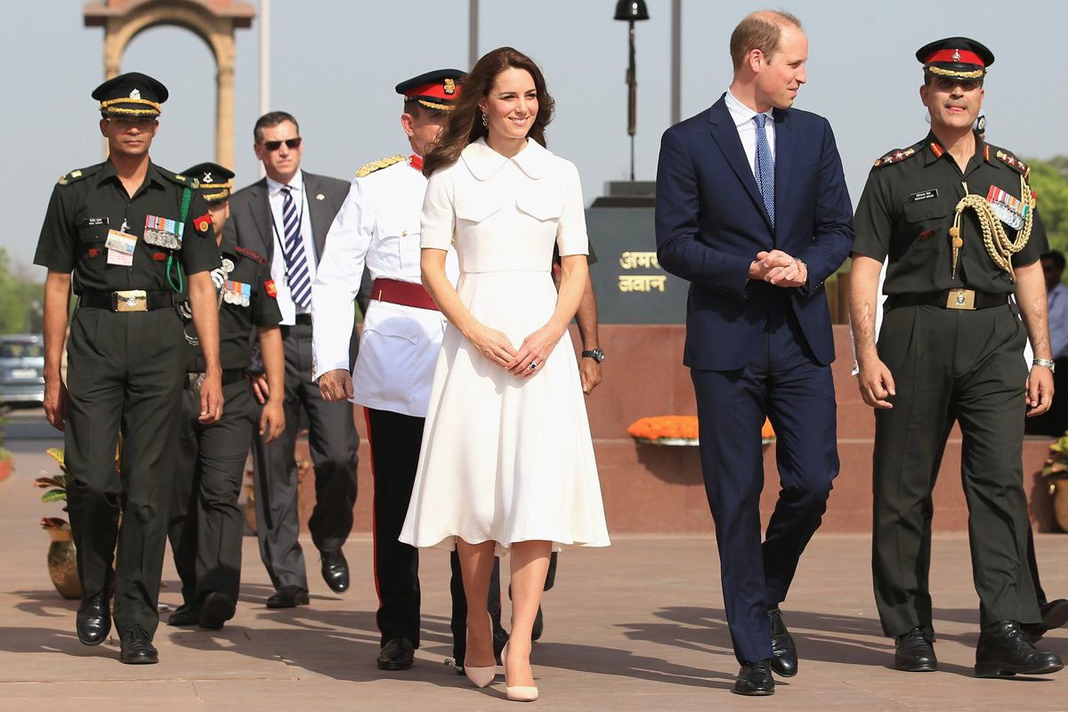 Catherine, Duchess of Cambridge and Prince William, Duke of Cambridge lay a wreath to honour the soldiers from Indian regiments who served in World War I, at India Gate, during the royal visit to India and Bhutan