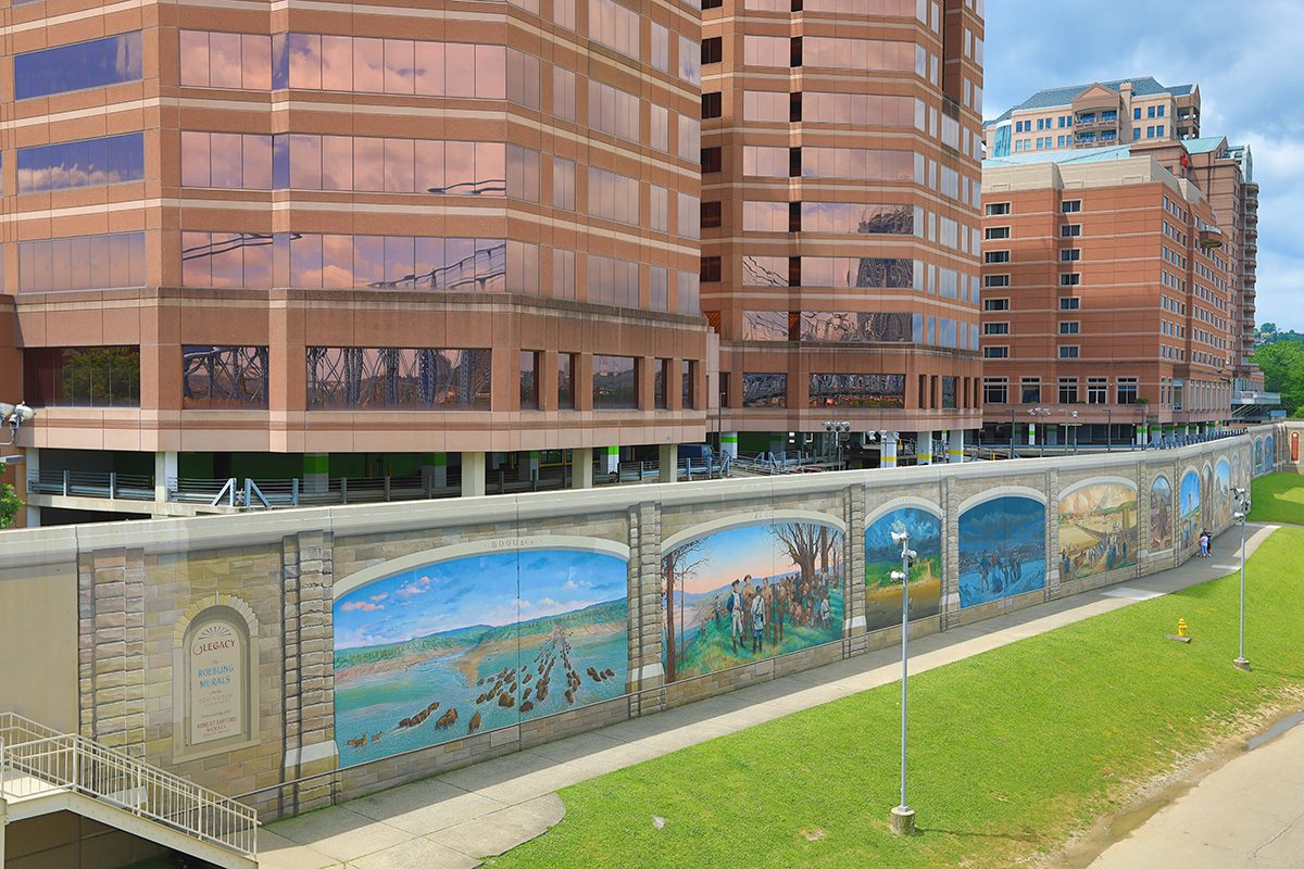 The Roebling Murals at the Covington, KY Riverfront depict the history of the Ohio River riverfront.