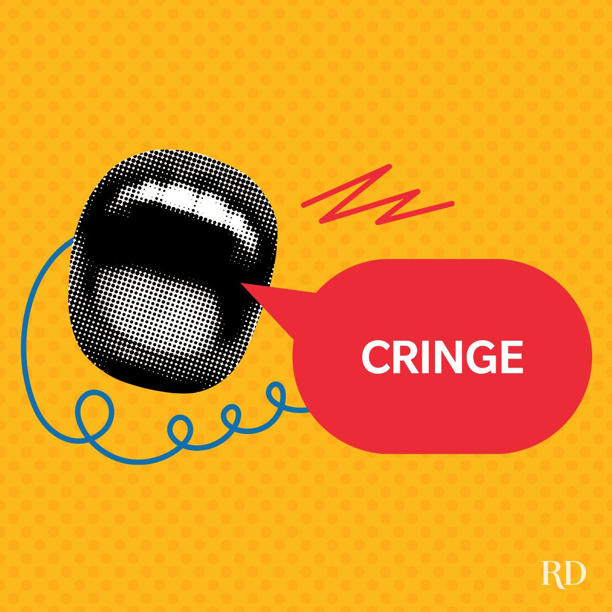 A graphic art with pop colors and elements and a speech bubble with a slang word written on it - Cringe.