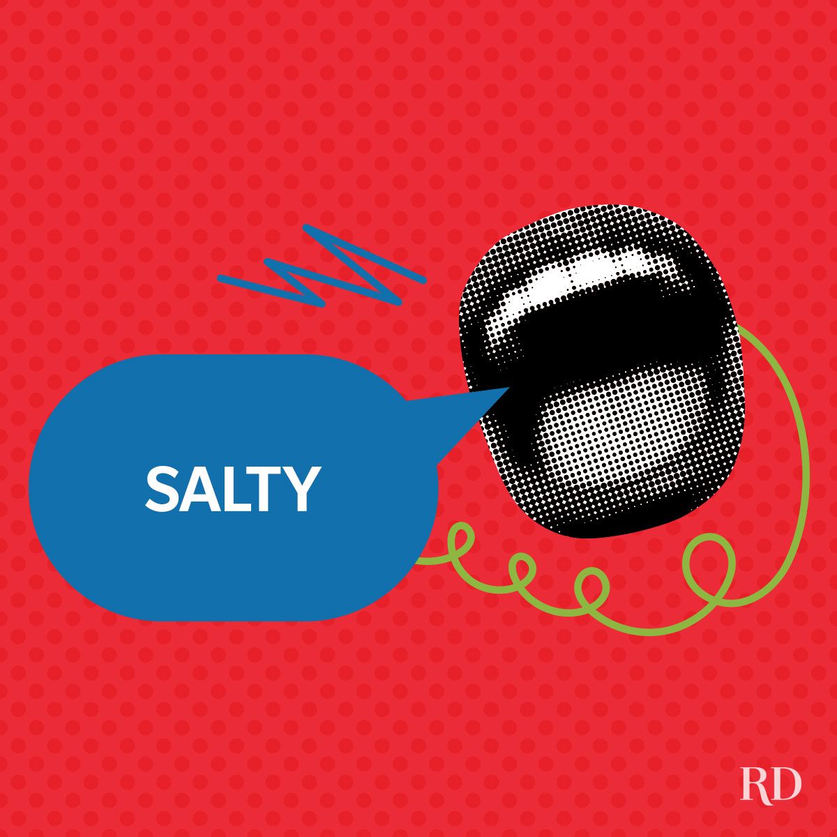 A slang word salty on a speech bubble with pop art colors and elements.