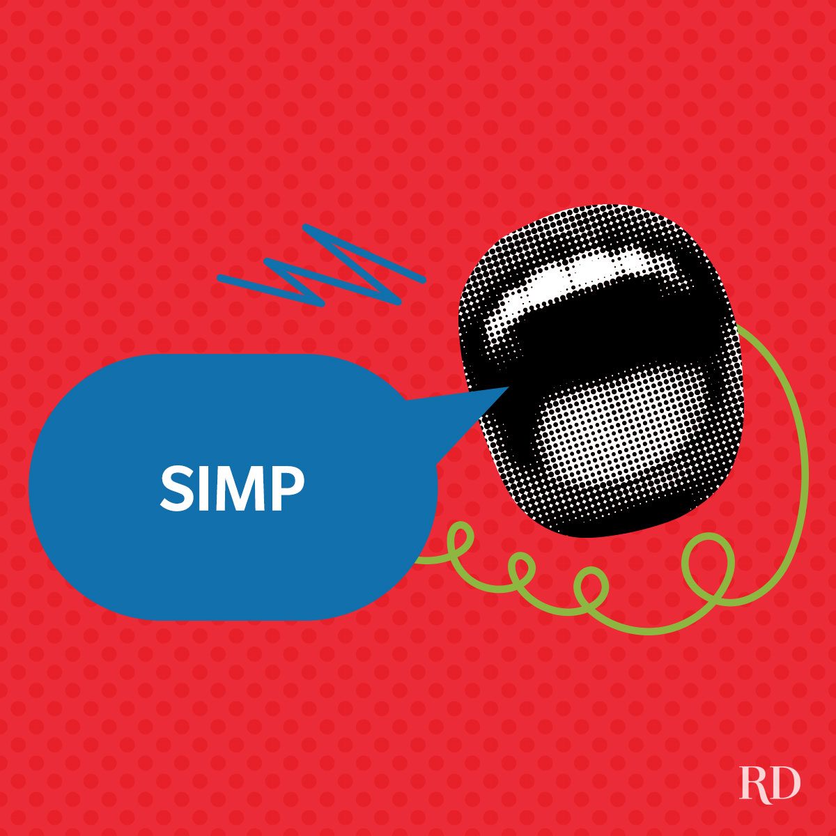 A graphic art with pop colors and elements and a speech bubble with a slang word written on it - Simp.