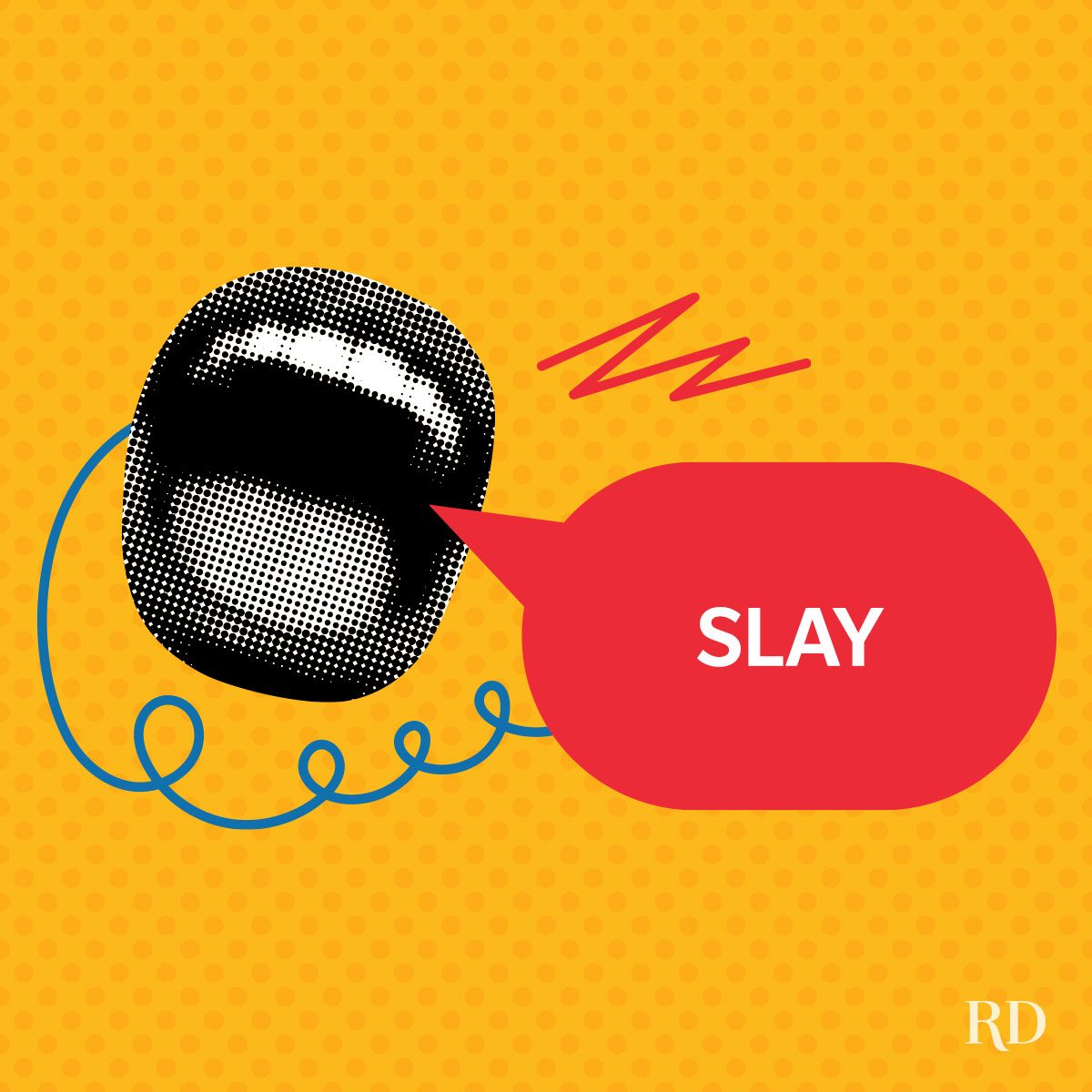 A slang word Slay on a speech bubble with pop art colors and elements. 