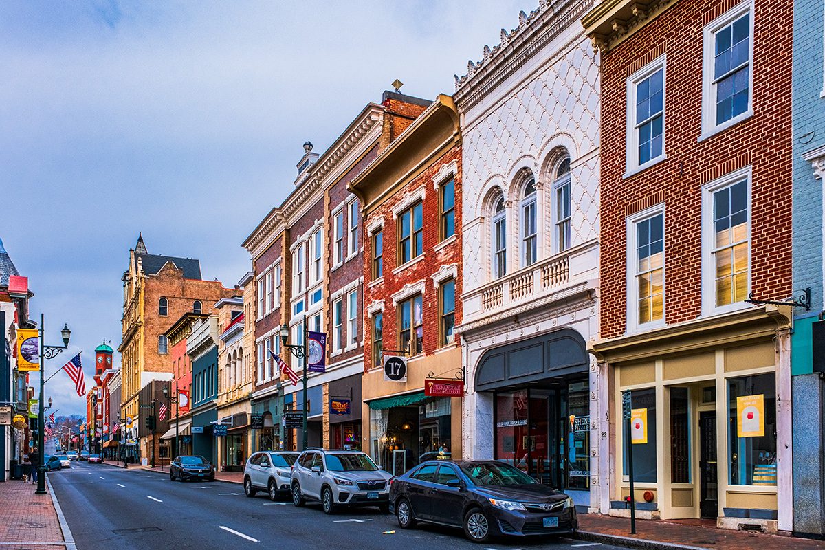 Downtown road and period architecture on commercial buildings on the historic Beverley Street, Staunton Virginia 
