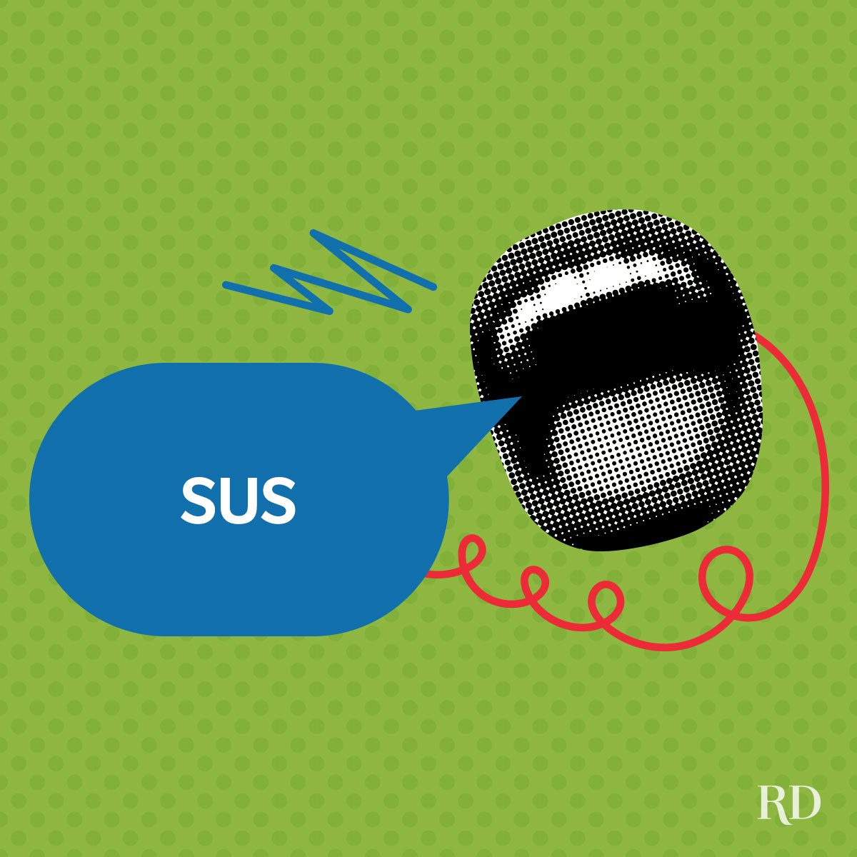 A graphic art with pop colors and elements and a speech bubble with a slang word written on it - Sus.